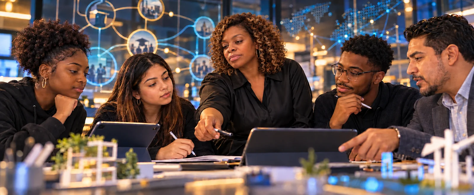 A Black woman educator points to a tablet while guiding a Black young woman, a Hispanic young woman, a Black young man, and a Hispanic male professional through a project at a table with architectural models and a glowing network map behind them.