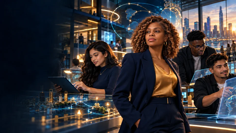 A Black woman leader with light-brown natural curls and honey highlights in a navy suit and gold blouse, standing in a modern learning hub with young Hispanic and Black collaborators.